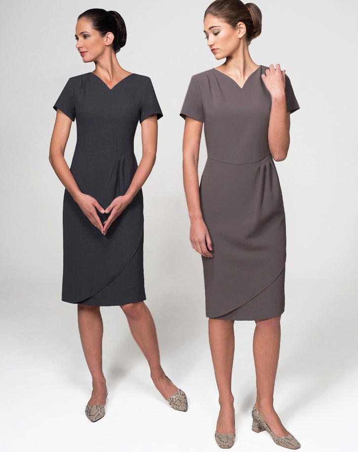 CR340 - Dress With Flattering Pleats & Mock Wrap Skirt in Luxury Crepe